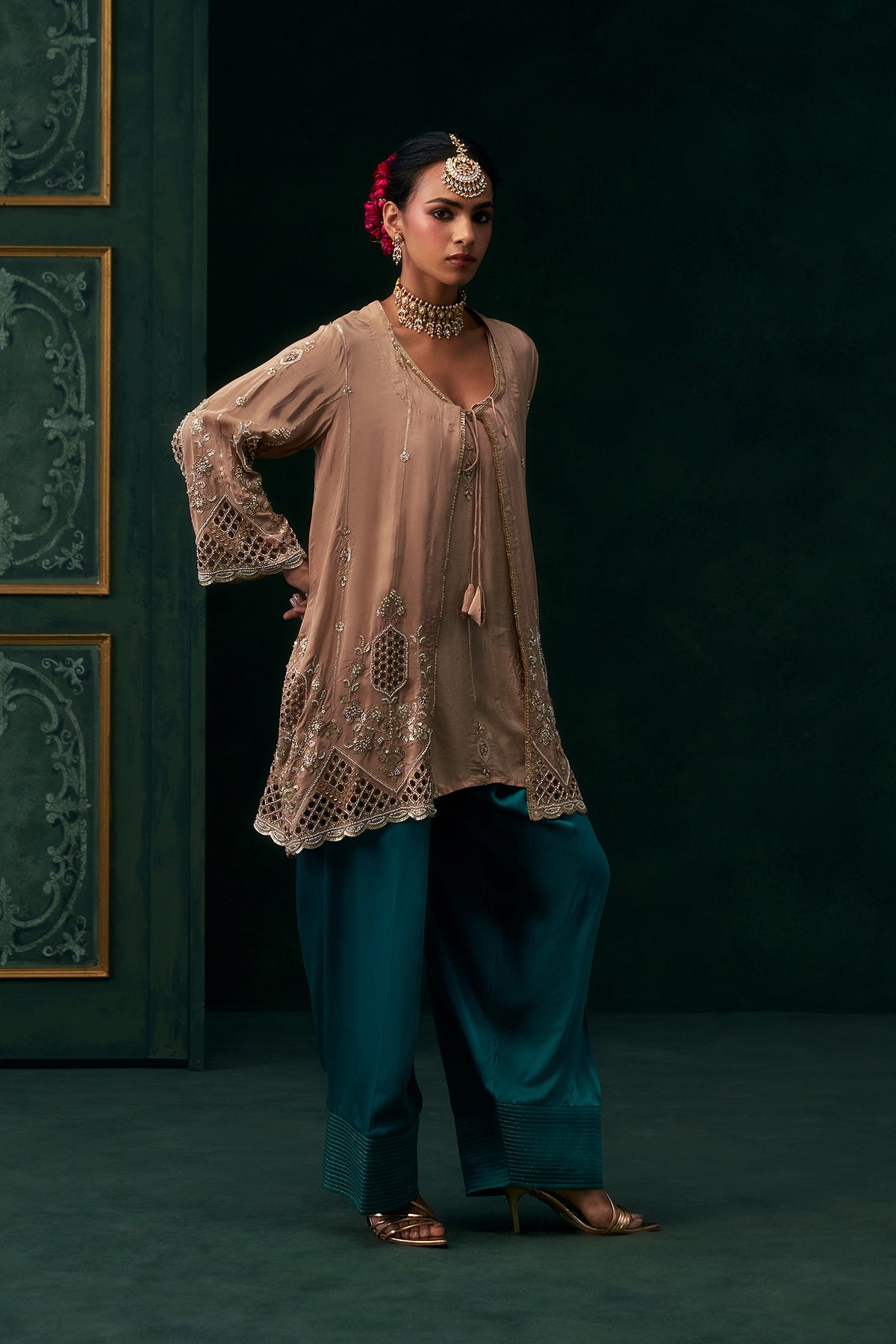 Elina Crepe Embroidered Jacket Set