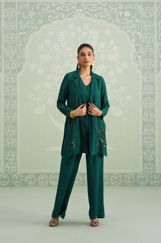 Pine Satin Crepe Embroidered Matching Set - Neetika Chopra