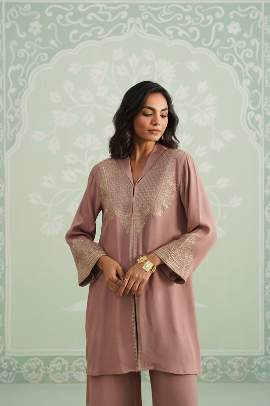 Blush Satin Crepe Embroidered Matching Set - Neetika Chopra