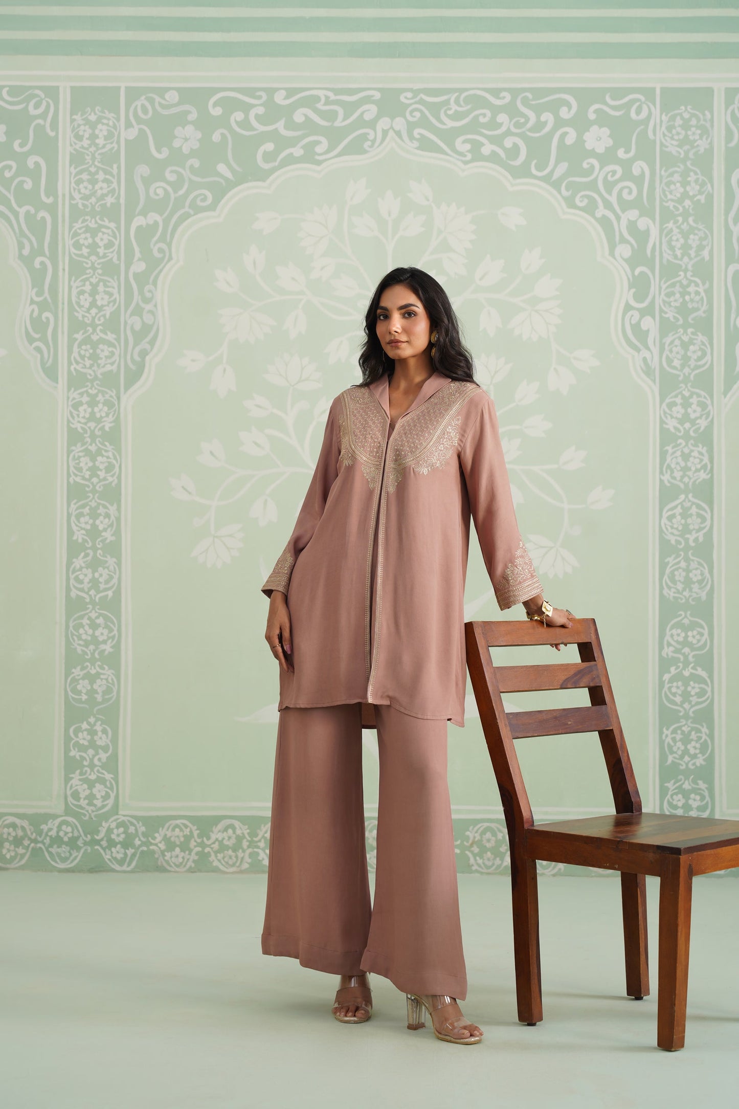 Blush Satin Crepe Embroidered Matching Set - Neetika Chopra