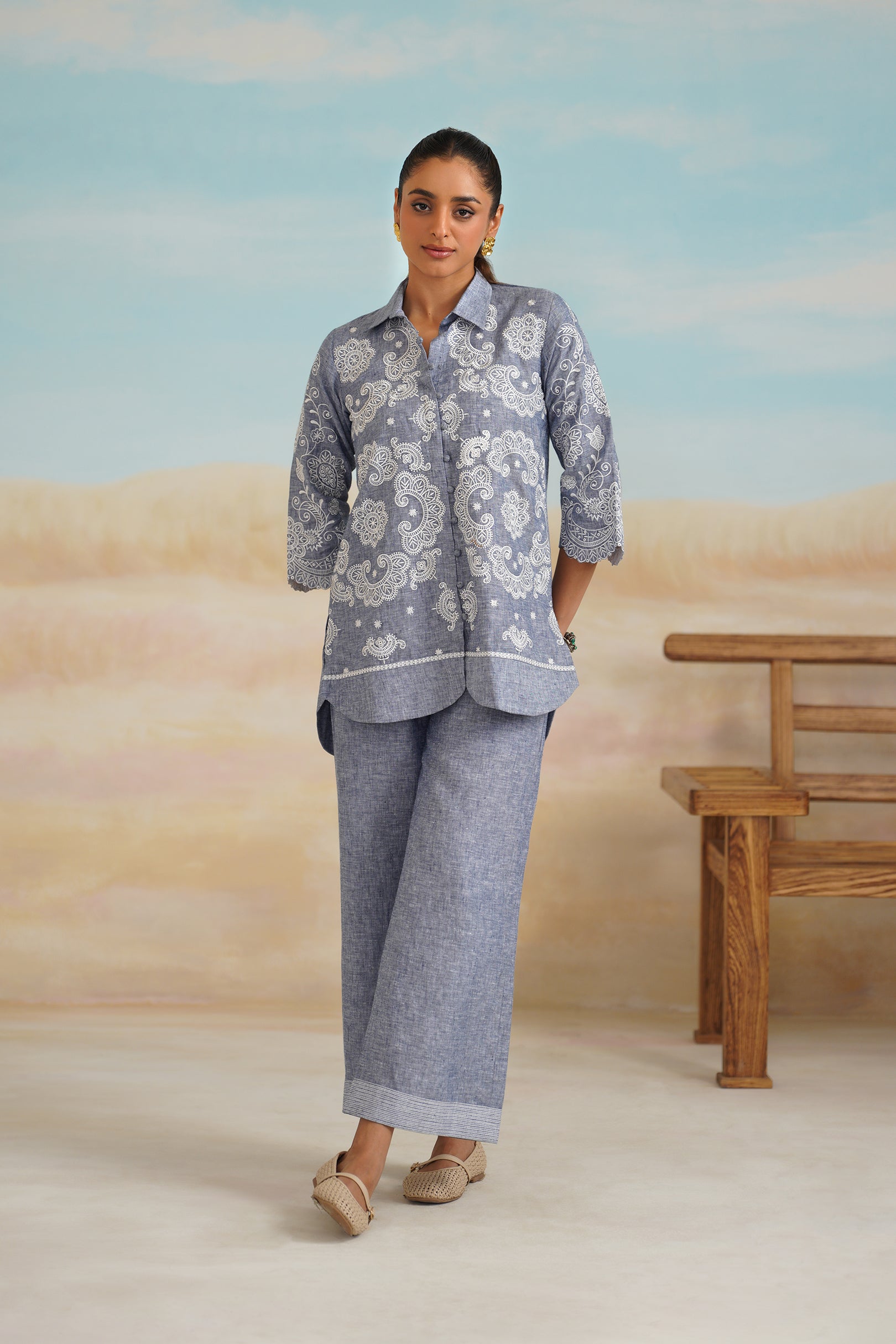 Aditi Pure Linen Embroidered Matching Set - Neetika Chopra