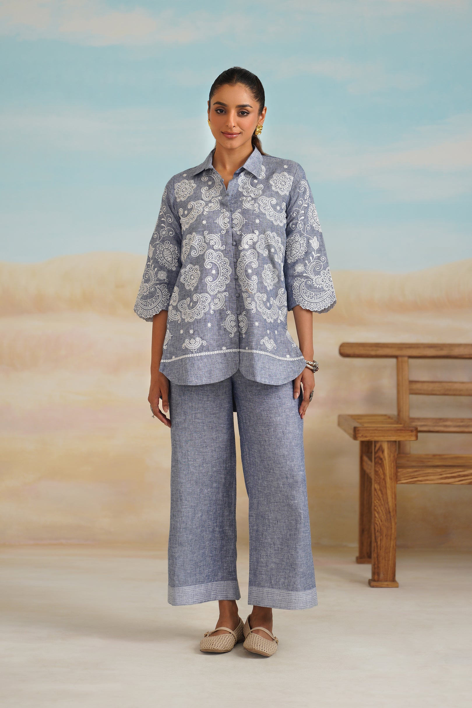 Aditi Pure Linen Embroidered Matching Set - Neetika Chopra