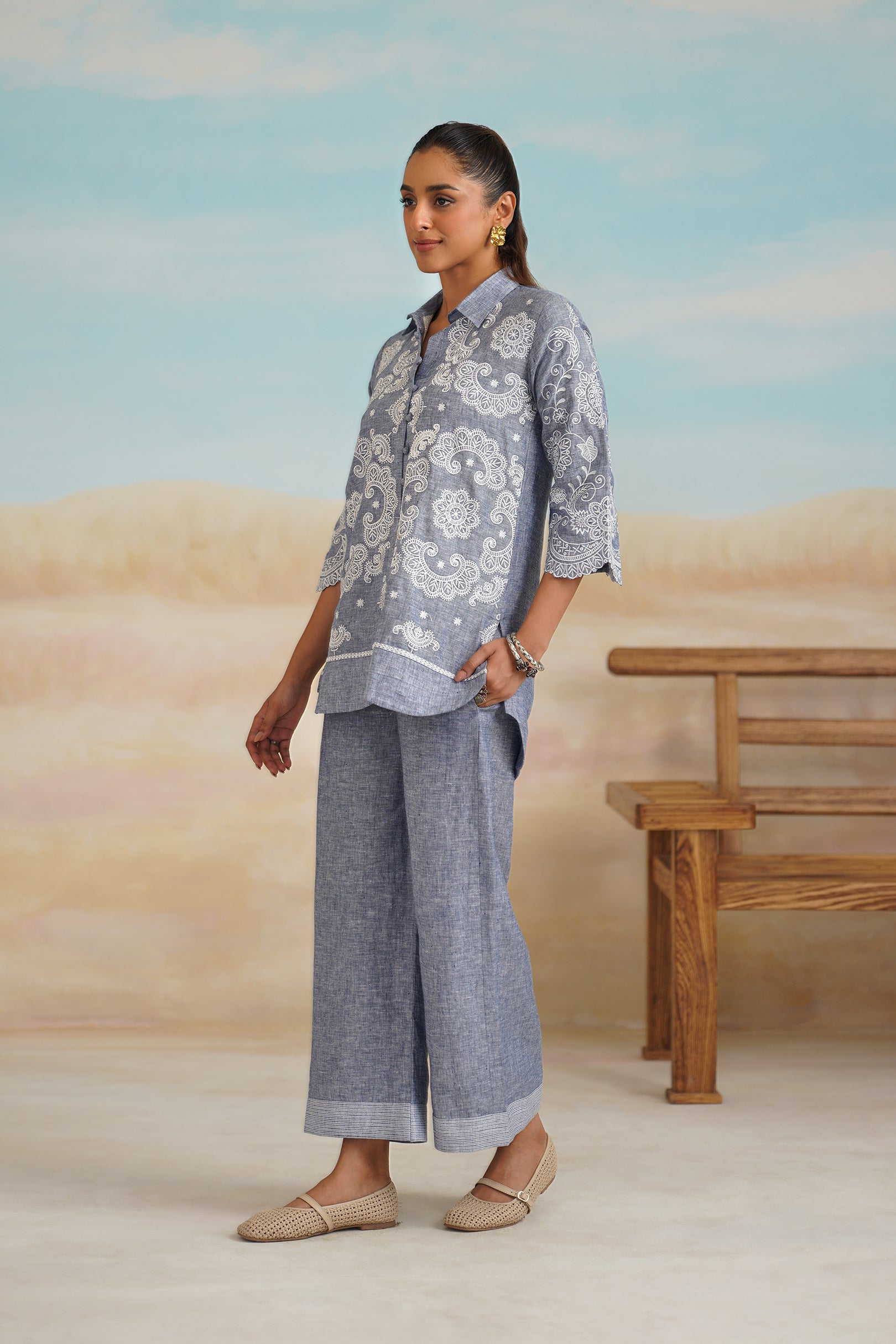 Aditi Pure Linen Embroidered Matching Set - Neetika Chopra
