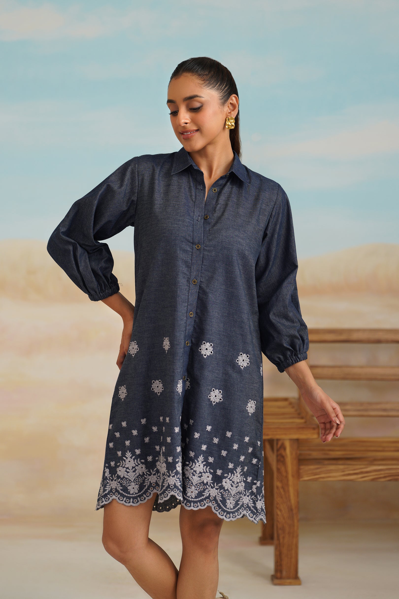 Flora Denim Embroidered Dress - Neetika Chopra