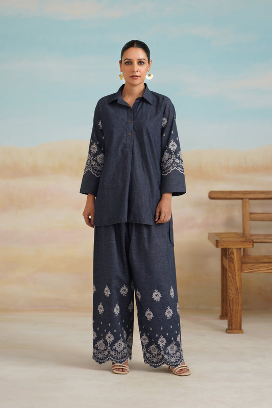 Chahat Denim Embroidered Matching Set - Neetika Chopra