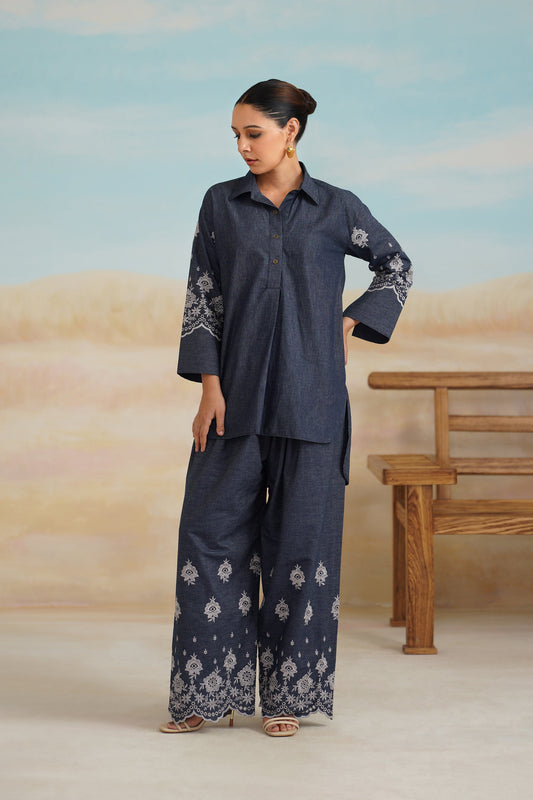 Chahat Denim Embroidered Matching Set - Neetika Chopra