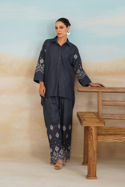 Chahat Denim Embroidered Matching Set - Neetika Chopra