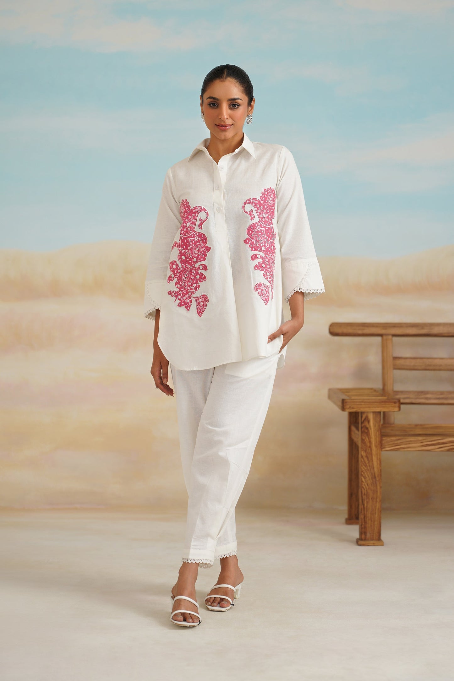 White Rose Cotton Linen Embroidered Matching Set - Neetika Chopra