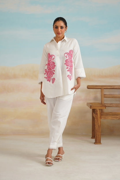 White Rose Cotton Linen Embroidered Matching Set - Neetika Chopra