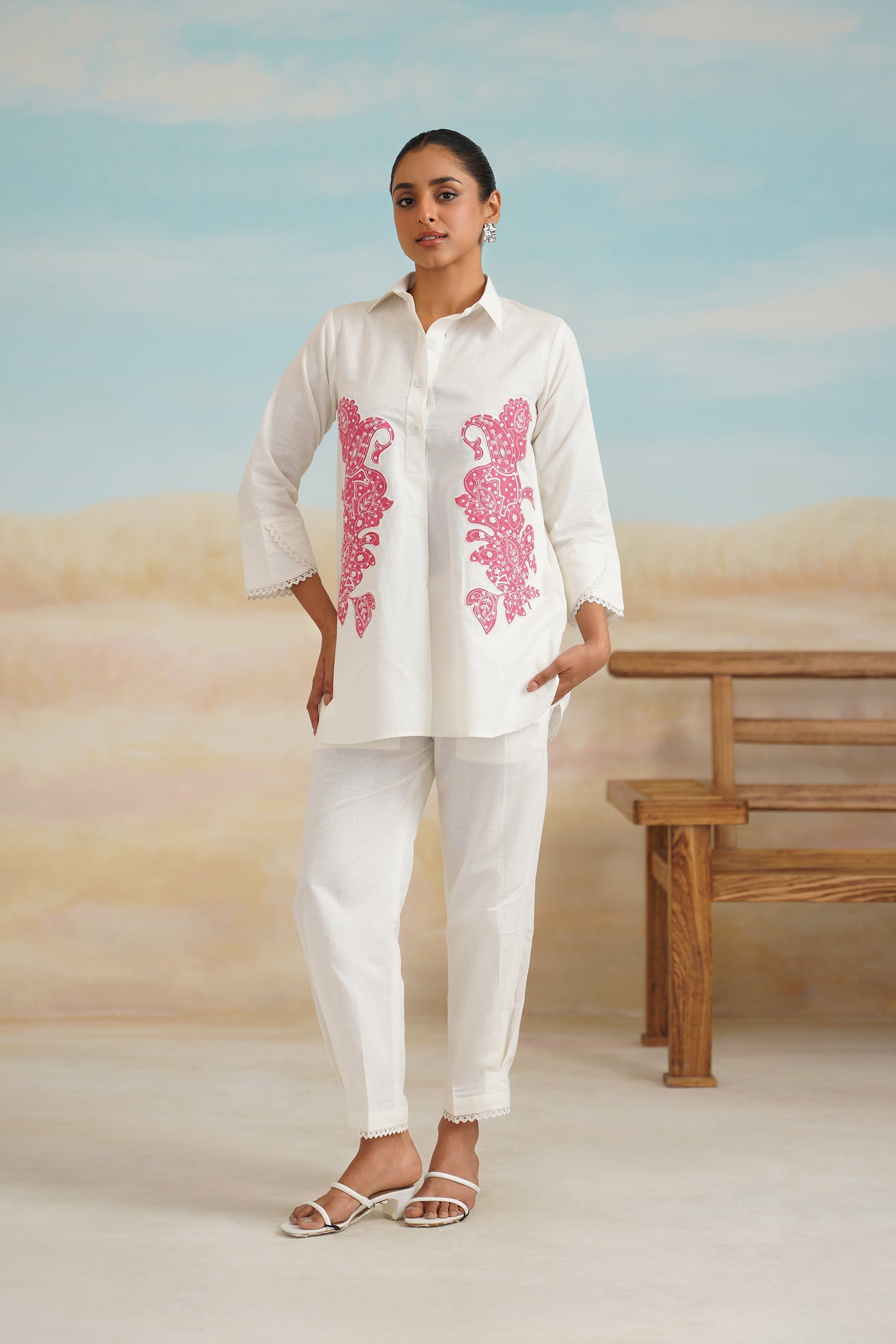 White Rose Cotton Linen Embroidered Matching Set - Neetika Chopra