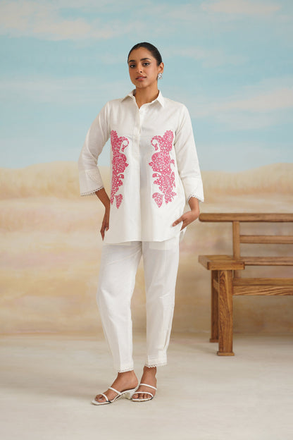 White Rose Cotton Linen Embroidered Matching Set - Neetika Chopra