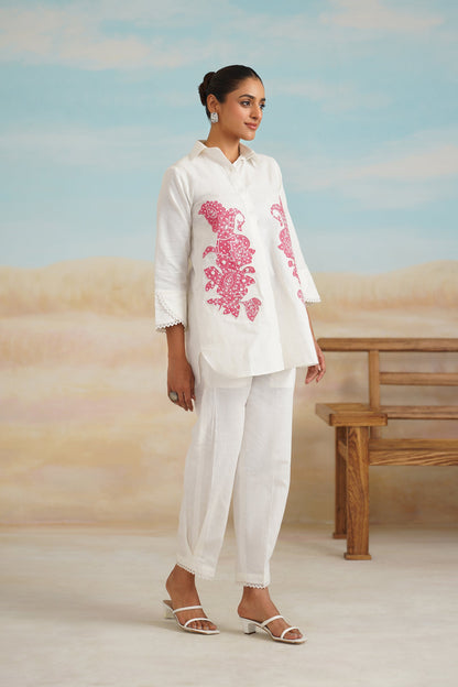 White Rose Cotton Linen Embroidered Matching Set - Neetika Chopra