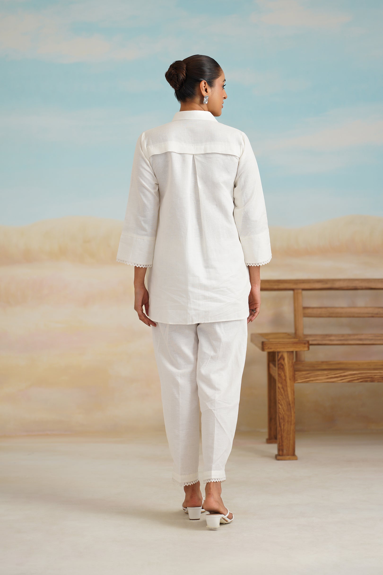 White Rose Cotton Linen Embroidered Matching Set - Neetika Chopra