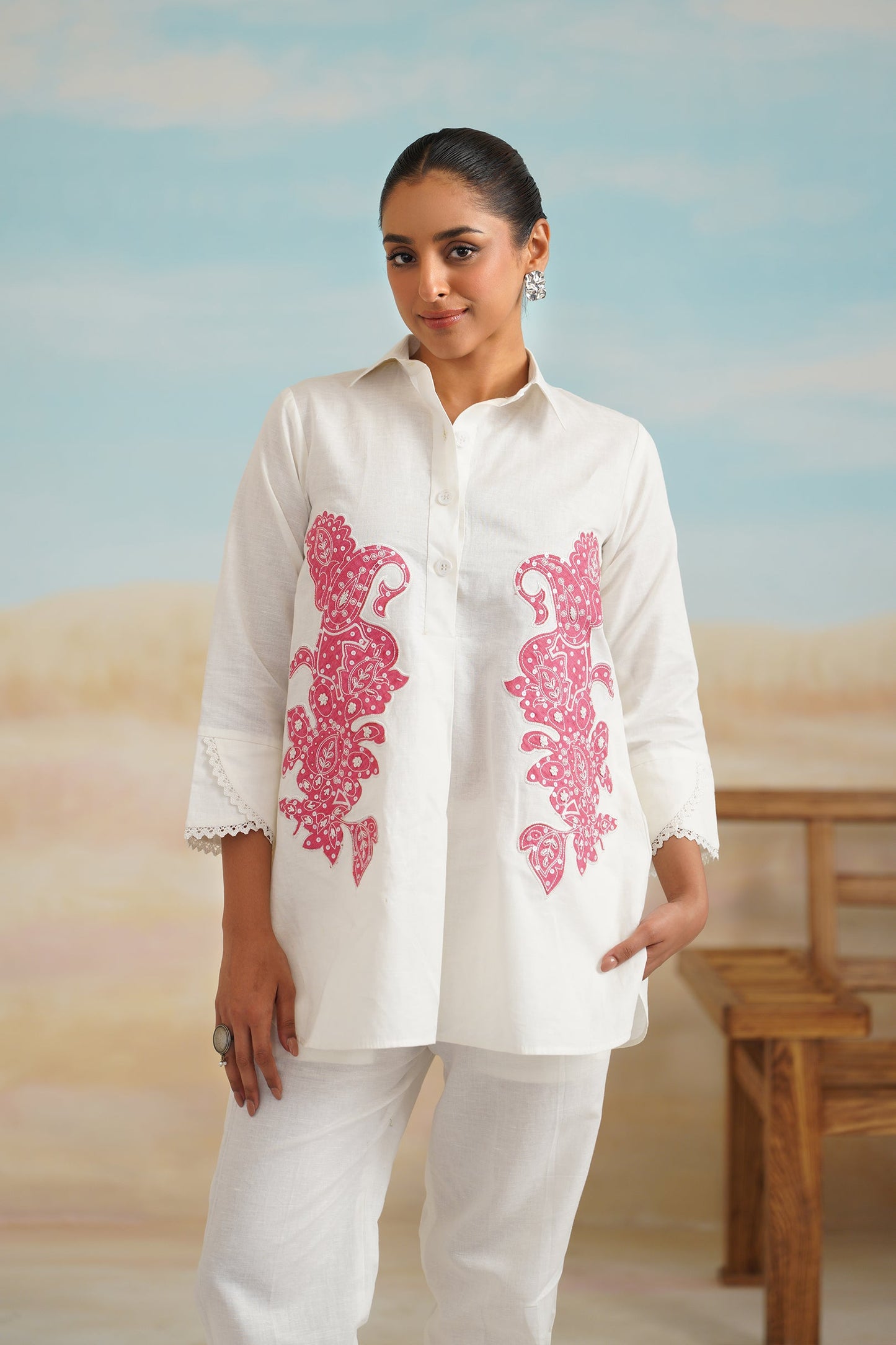 White Rose Cotton Linen Embroidered Matching Set - Neetika Chopra