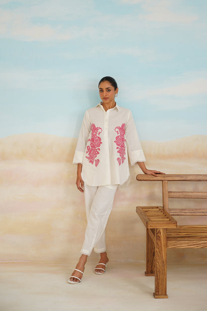 White Rose Cotton Linen Embroidered Matching Set - Neetika Chopra