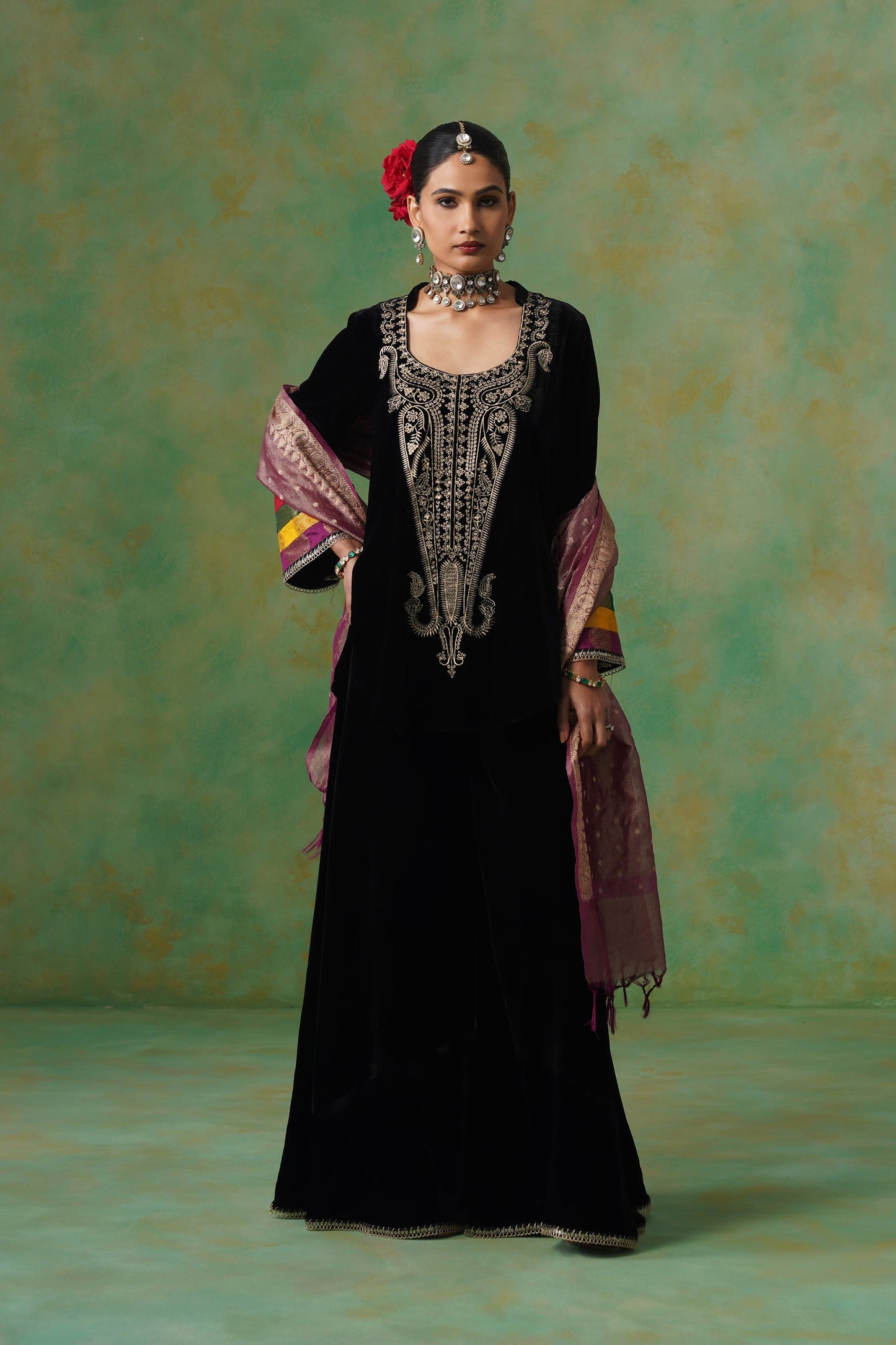 Miraya Embroidered Velvet Sharara Set - Neetika Chopra
