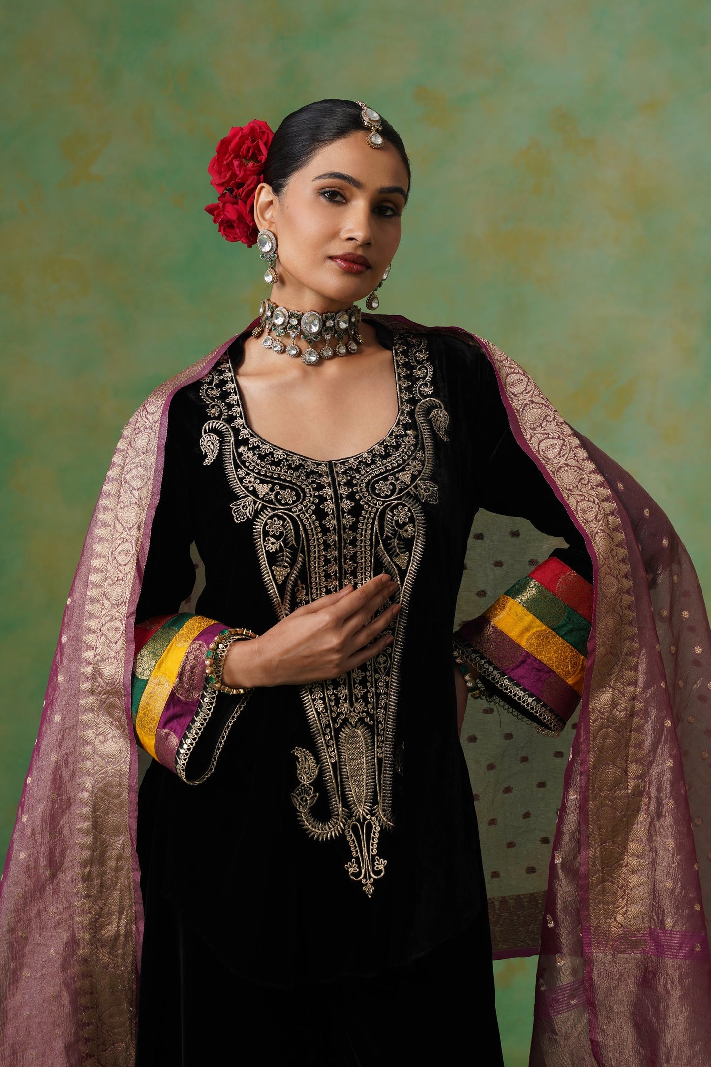 Miraya Embroidered Velvet Sharara Set - Neetika Chopra