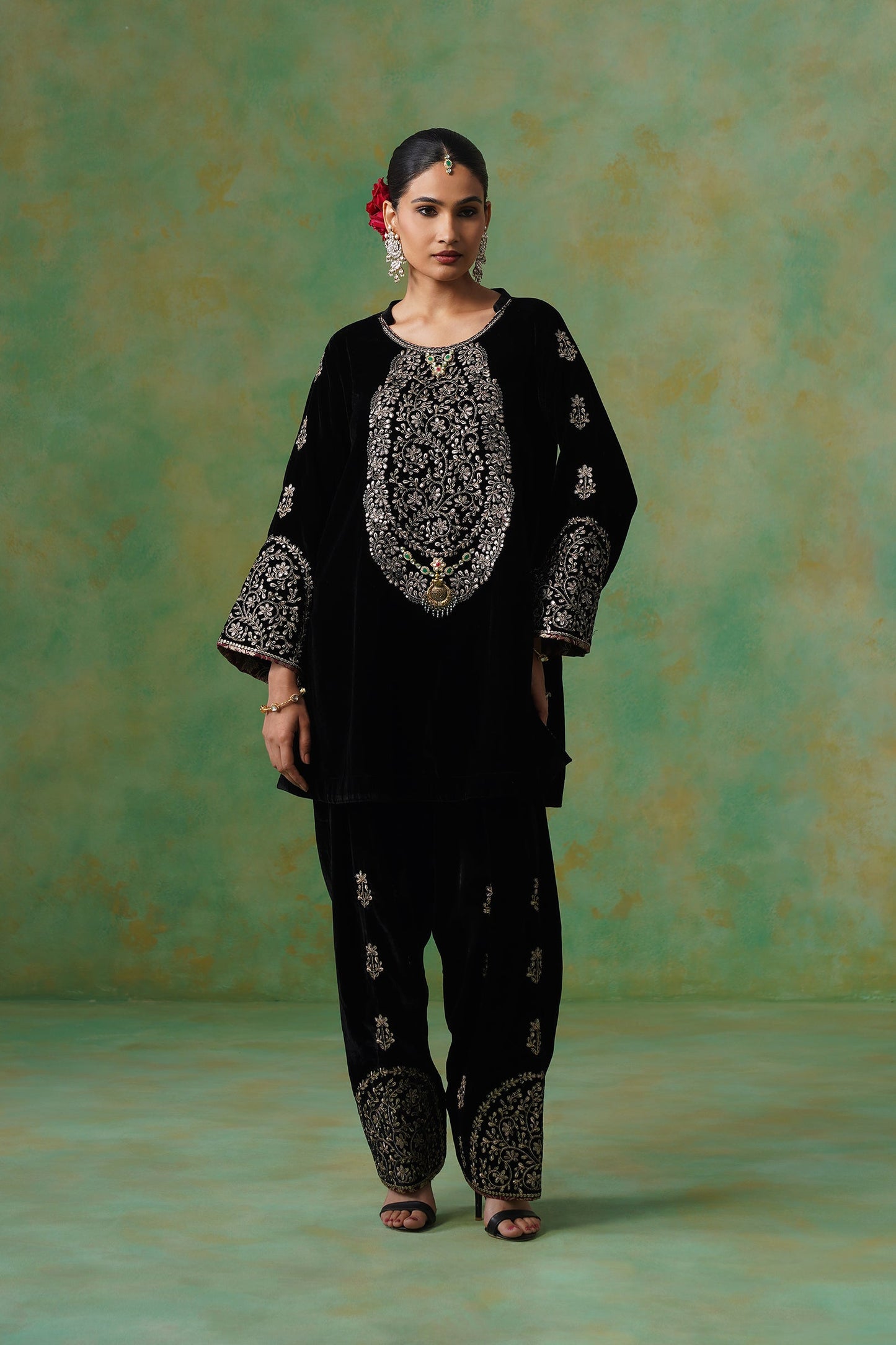 Anika Velvet Embroidered Matching Set - Neetika Chopra