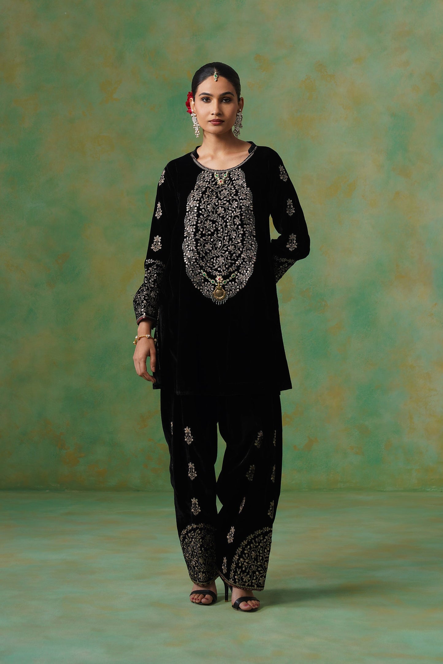 Anika Velvet Embroidered Matching Set - Neetika Chopra