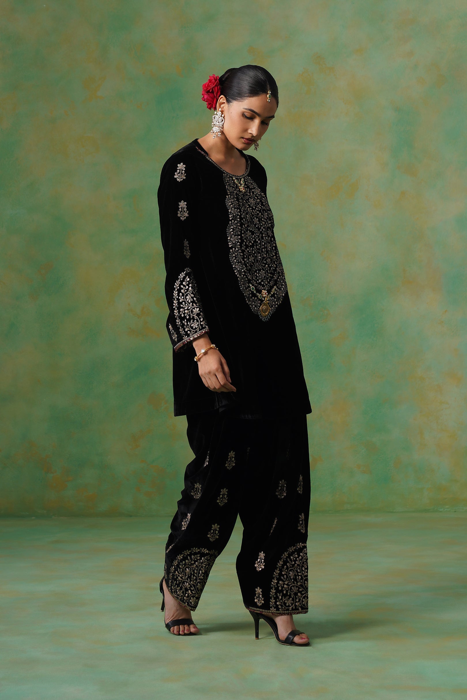 Anika Velvet Embroidered Matching Set - Neetika Chopra