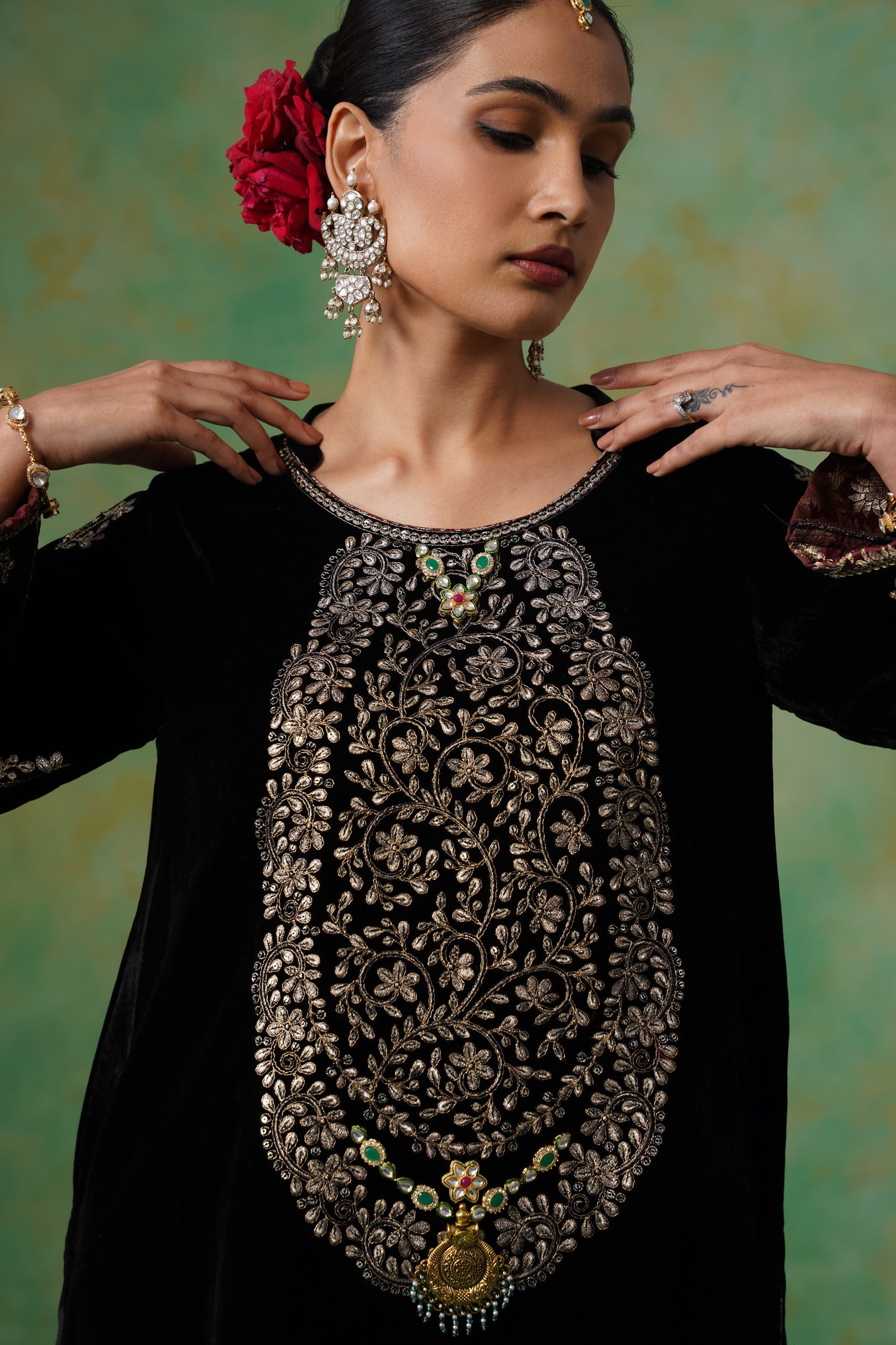 Anika Velvet Embroidered Matching Set - Neetika Chopra