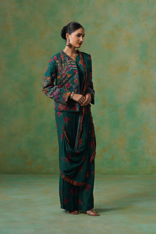 Dhara Palazzo Pant Saree With Quilted Jacket - Neetika Chopra