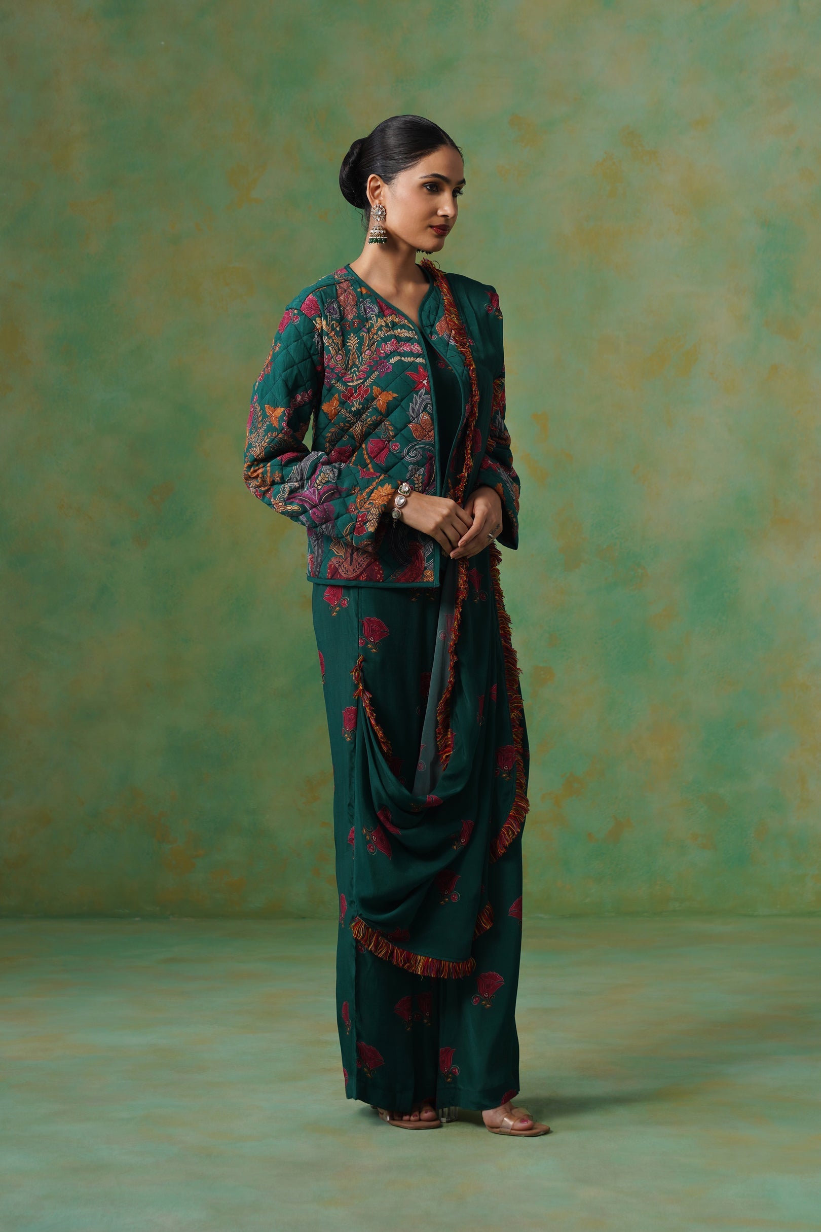 Dhara Palazzo Pant Saree With Quilted Jacket - Neetika Chopra