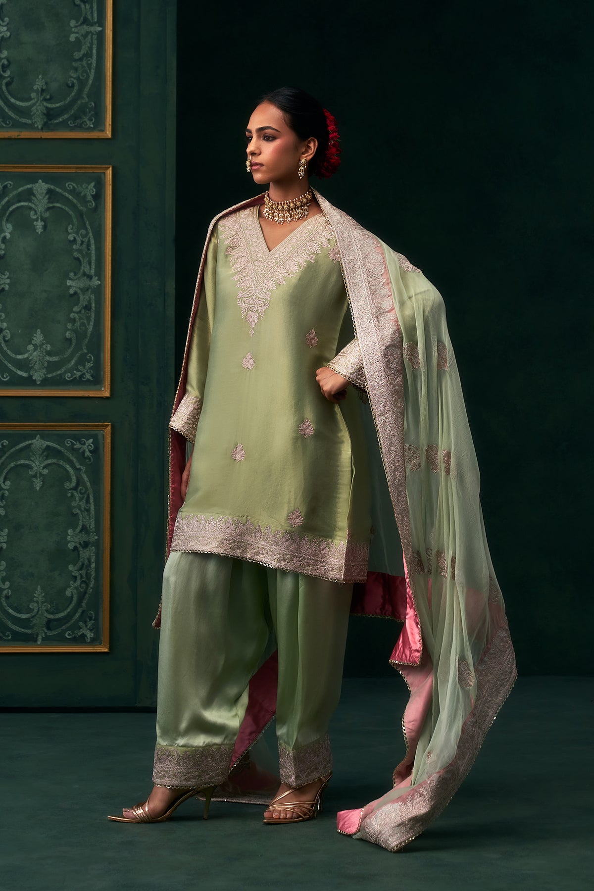 Saira Chanderi Satin Embroidered Suit Set