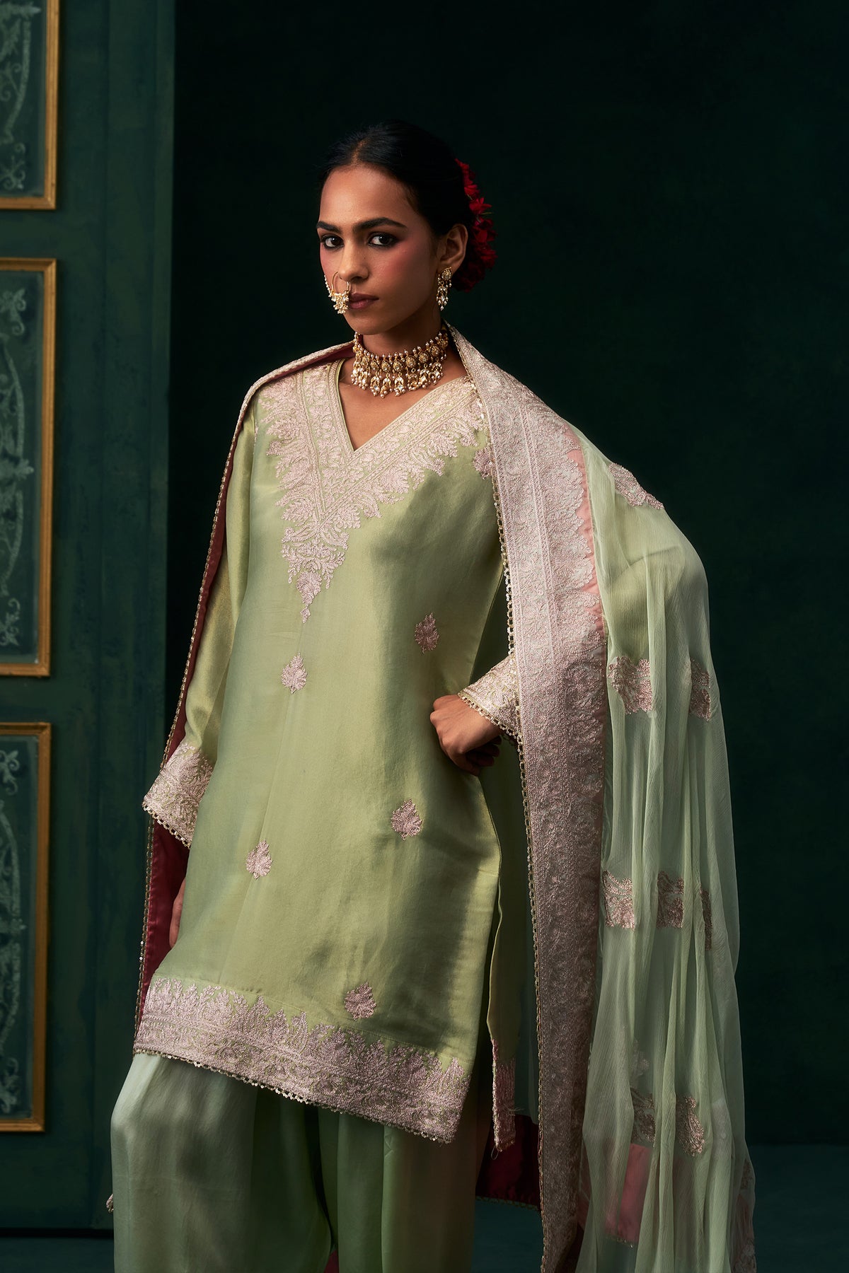 Saira Chanderi Satin Embroidered Suit Set