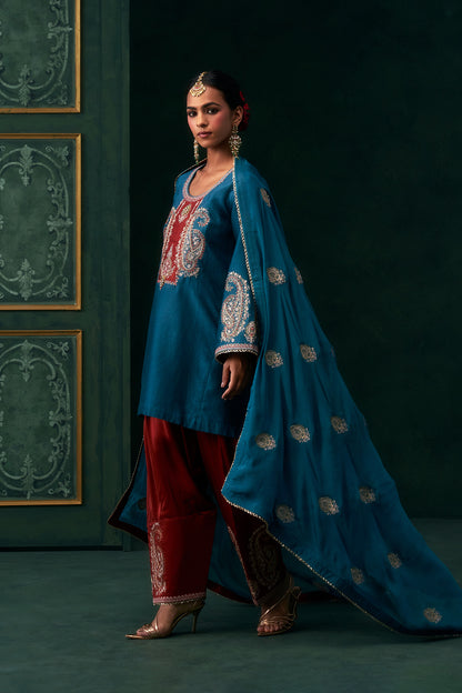 Amani Chanderi Satin Embroidered Suit Set