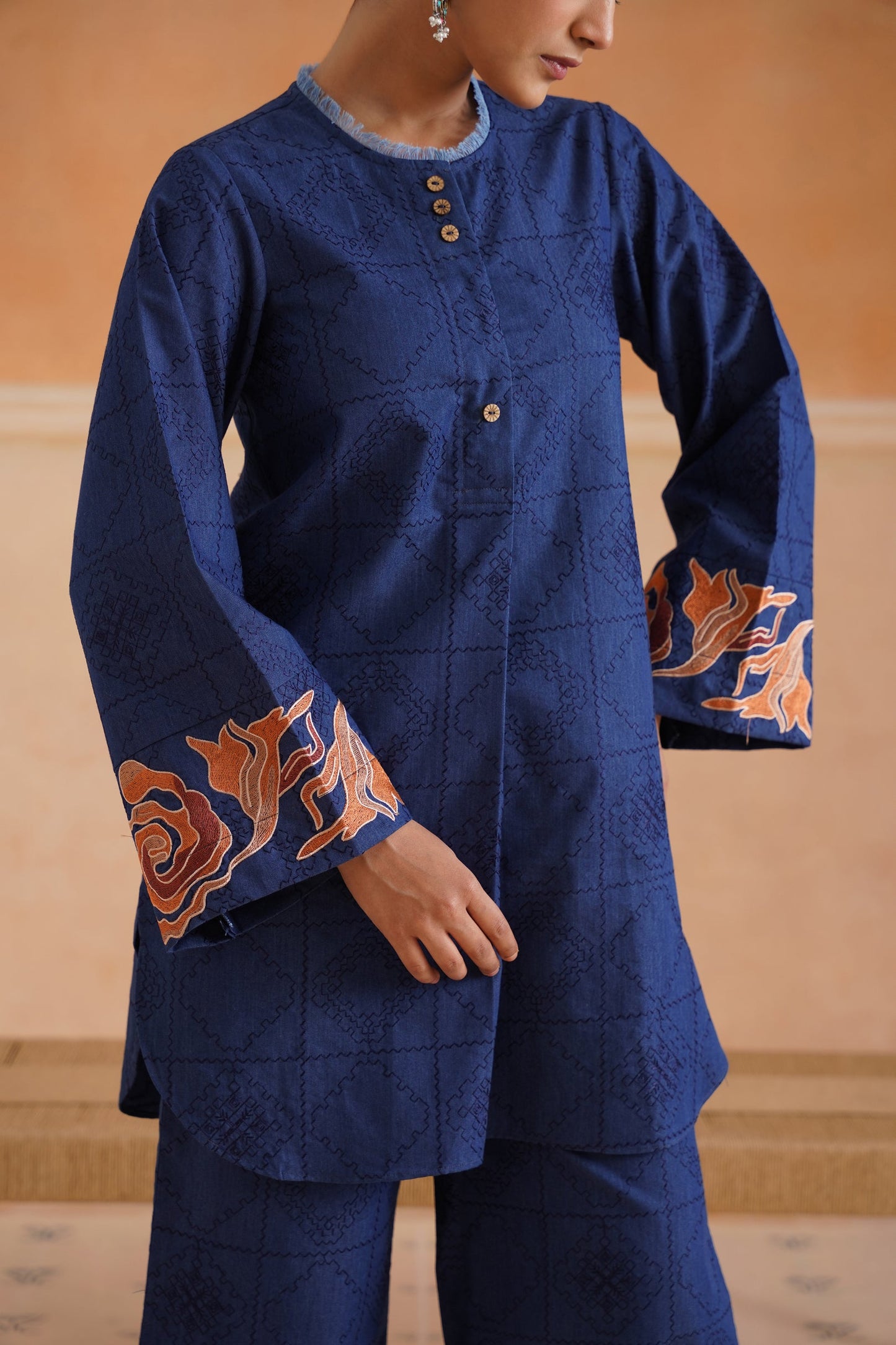 Sarah Cotton Denim Embroidered Matching Set With Barrel Pants - Neetika Chopra
