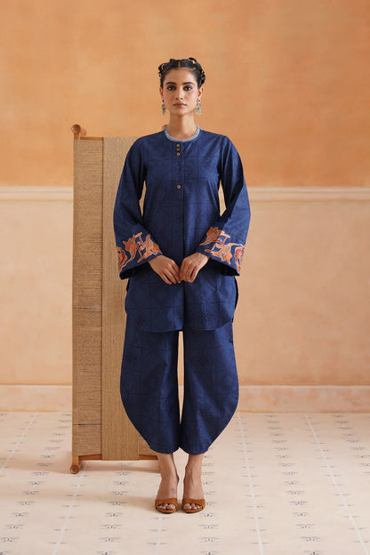 Sarah Cotton Denim Embroidered Matching Set With Barrel Pants - Neetika Chopra