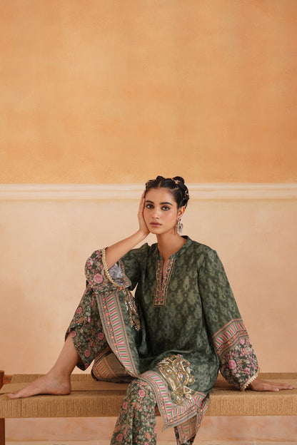Nerra Printed Crepe Hand Embroidered Matching Set - Neetika Chopra