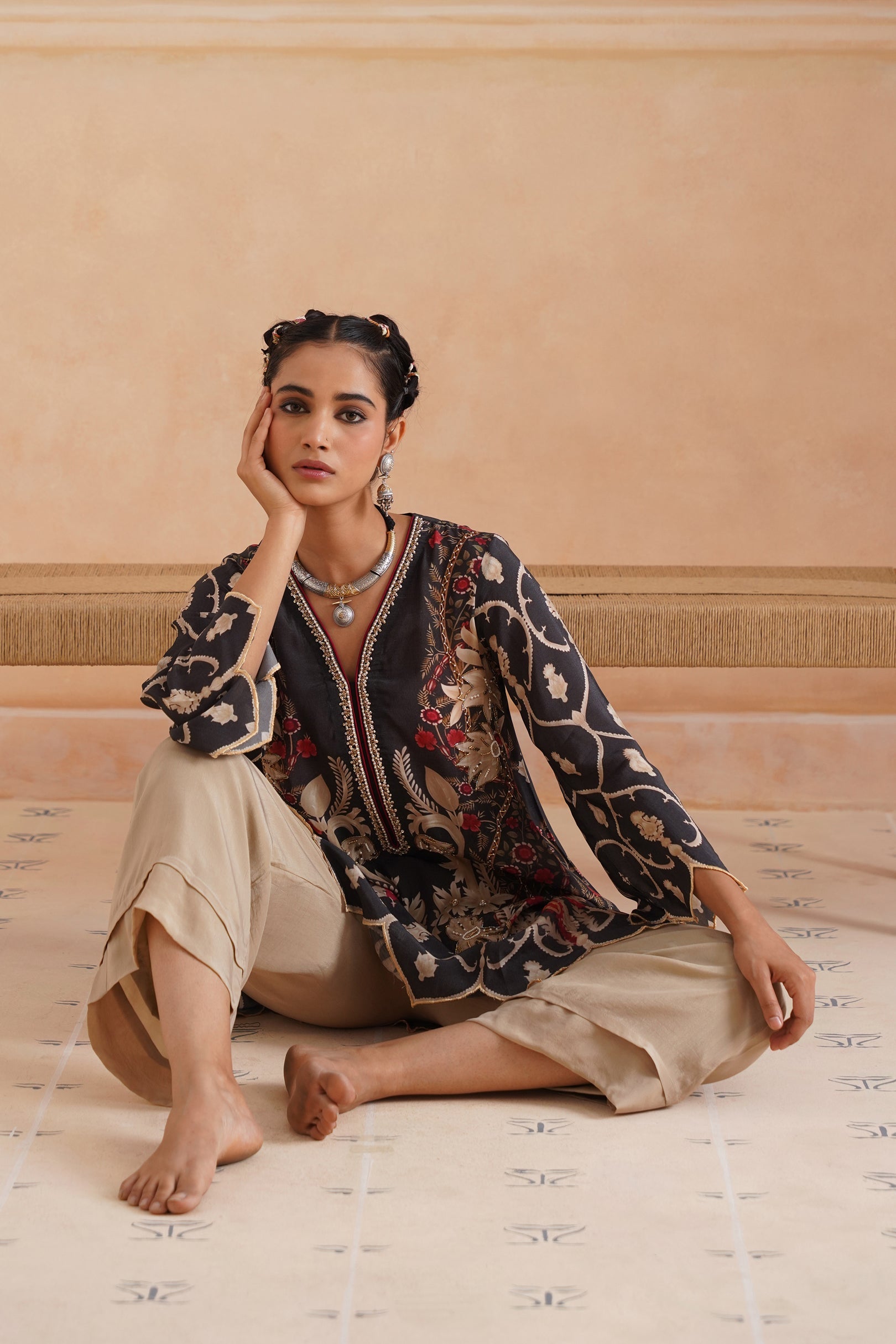 Lajja Printed Crepe Hand Embroidered Matching Set - Neetika Chopra