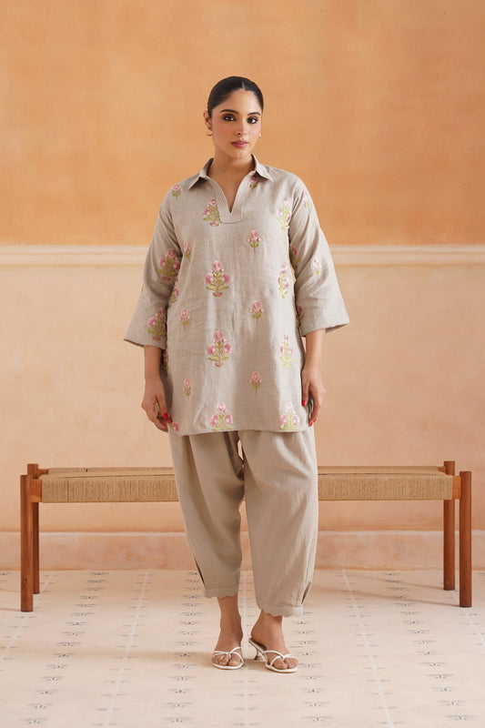 Fleur Pure Linen Embroidered Matching Set - Neetika Chopra