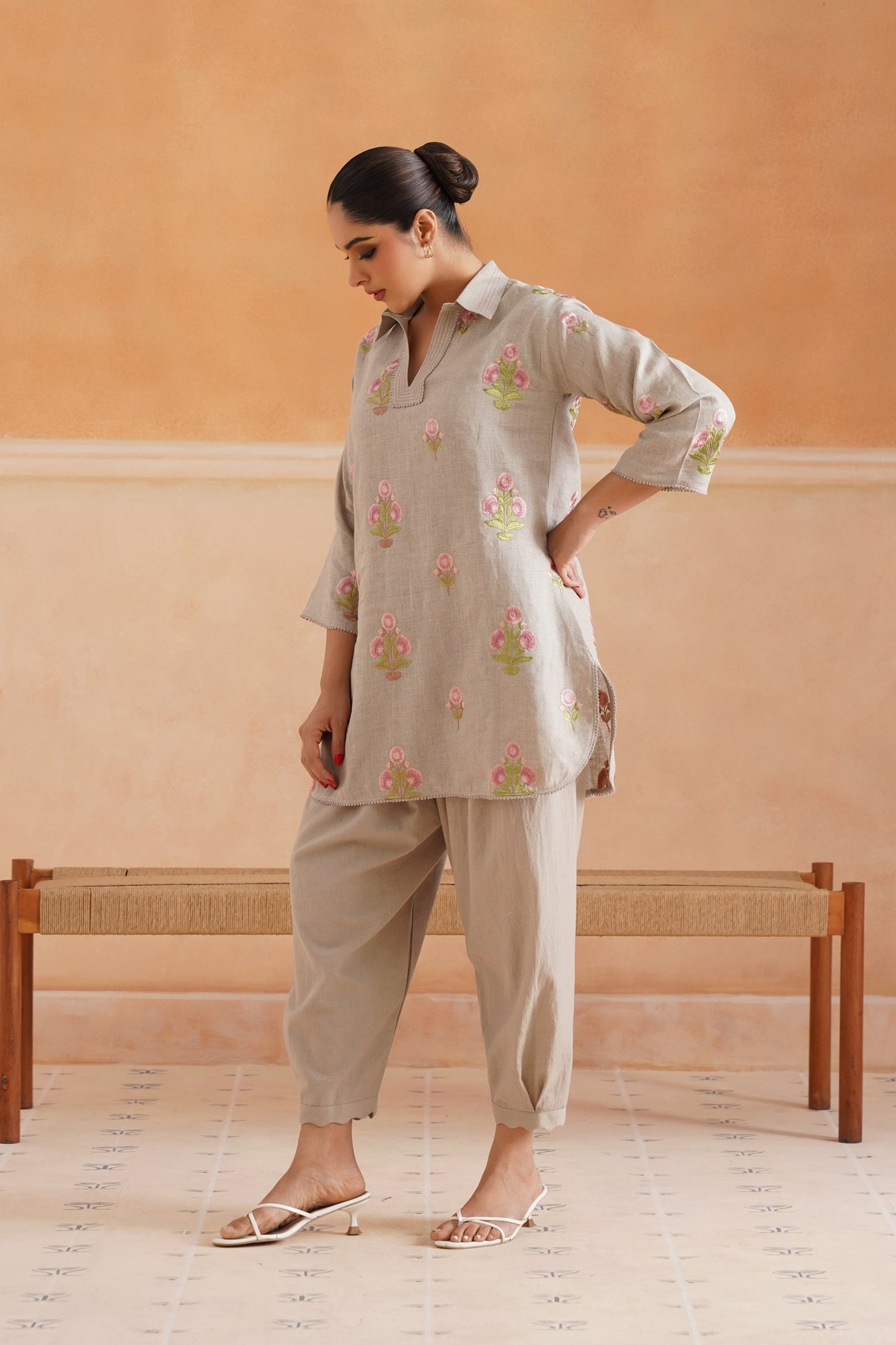 Fleur Pure Linen Embroidered Matching Set - Neetika Chopra