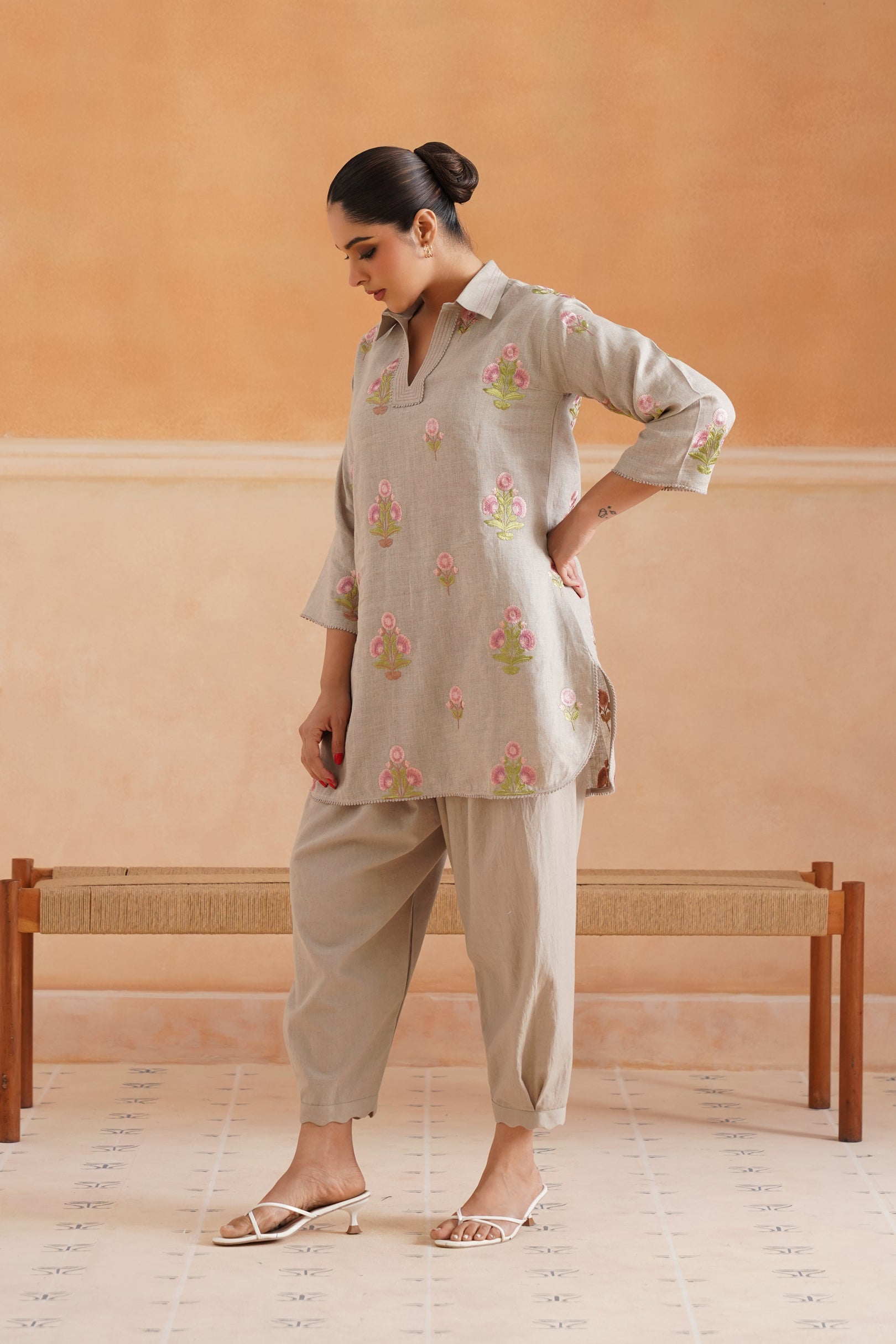 Fleur Pure Linen Embroidered Matching Set - Neetika Chopra