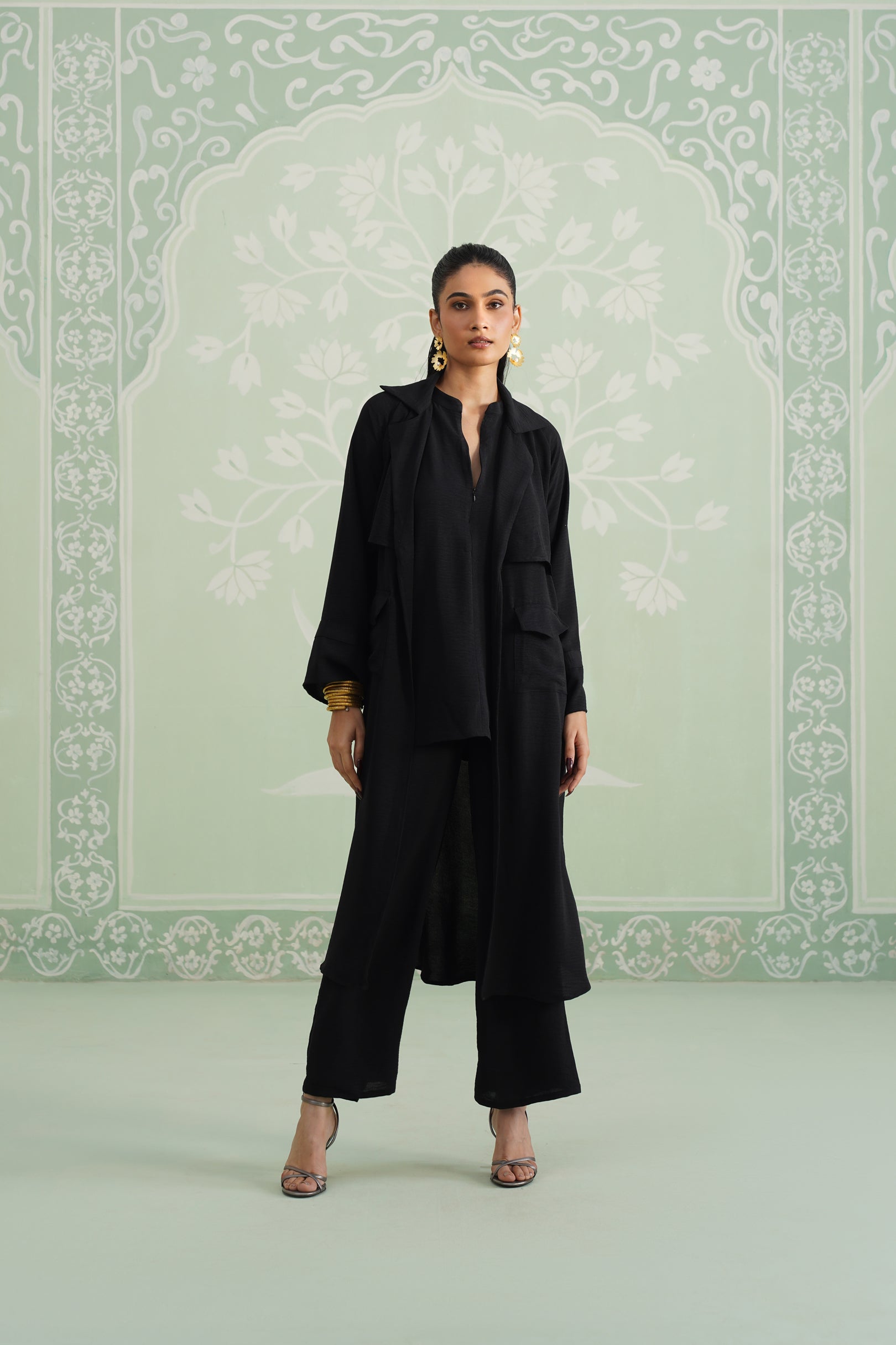 Black Suzane Hammer Crepe Matching Set - Neetika Chopra