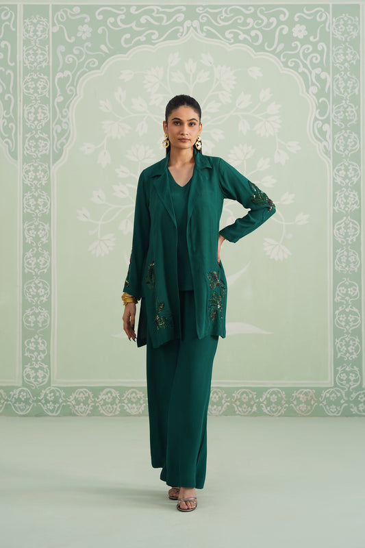 Pine Satin Crepe Embroidered Matching Set - Neetika Chopra