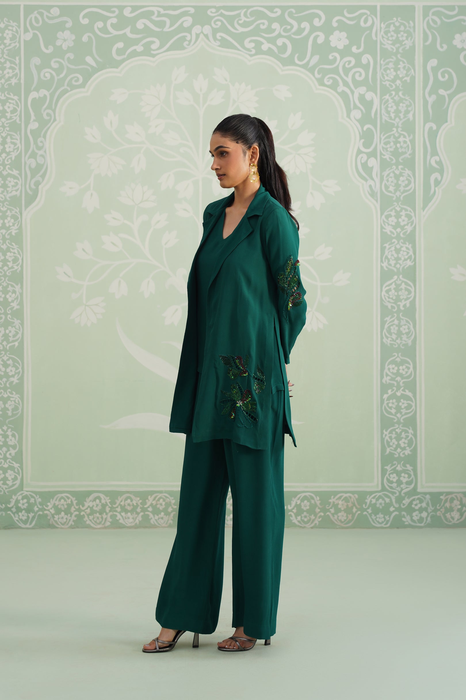 Pine Satin Crepe Embroidered Matching Set - Neetika Chopra
