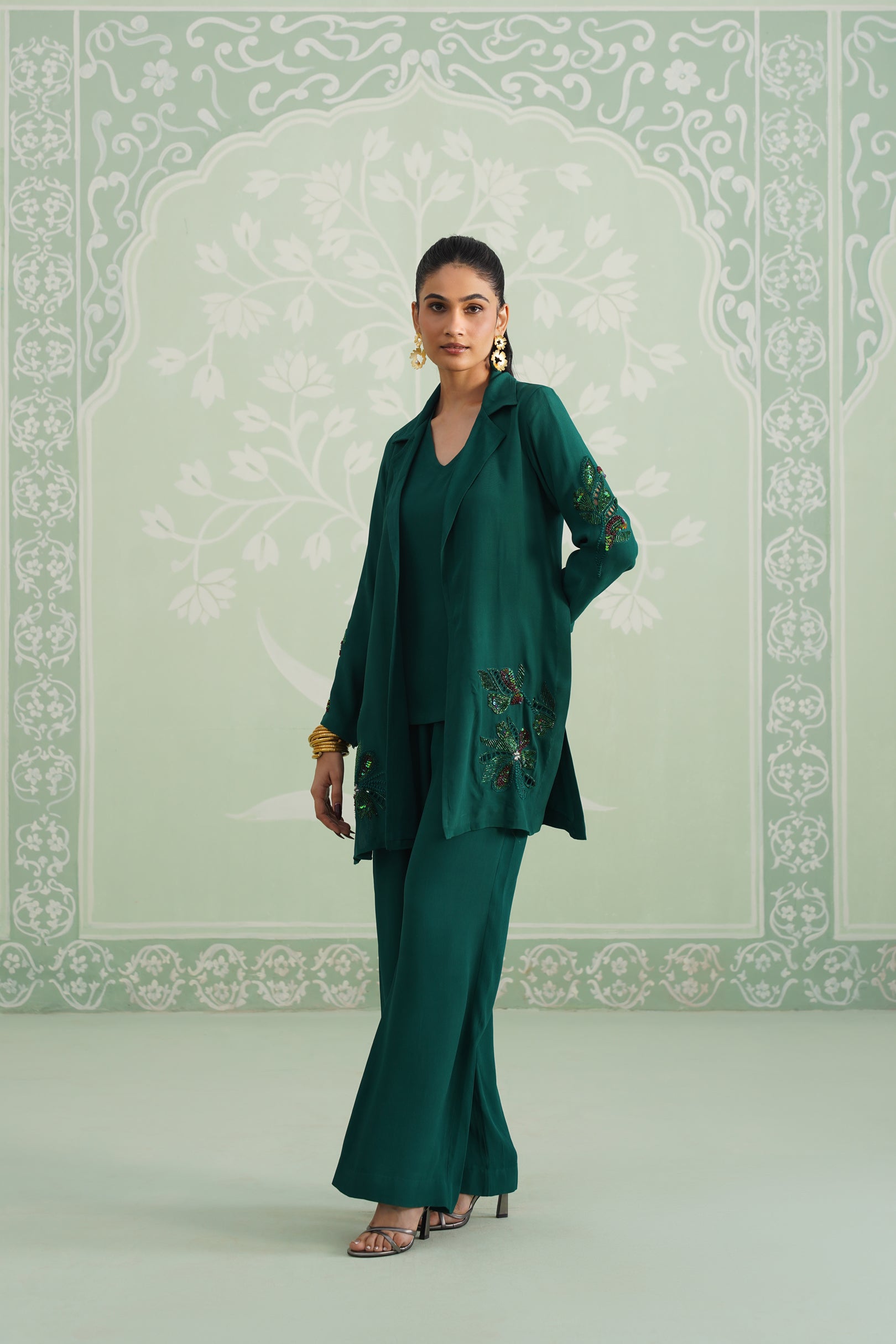Pine Satin Crepe Embroidered Matching Set - Neetika Chopra