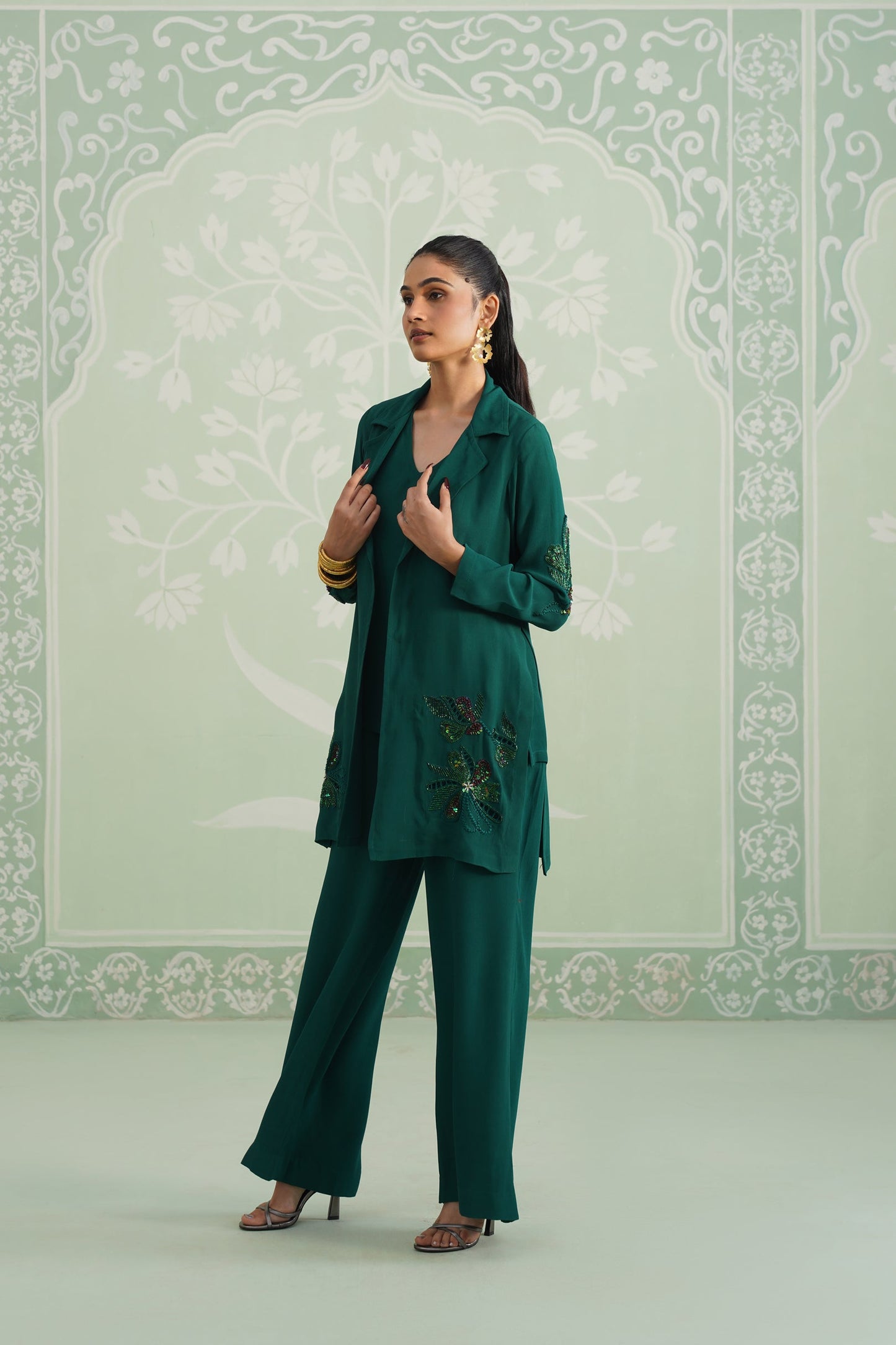 Pine Satin Crepe Embroidered Matching Set - Neetika Chopra