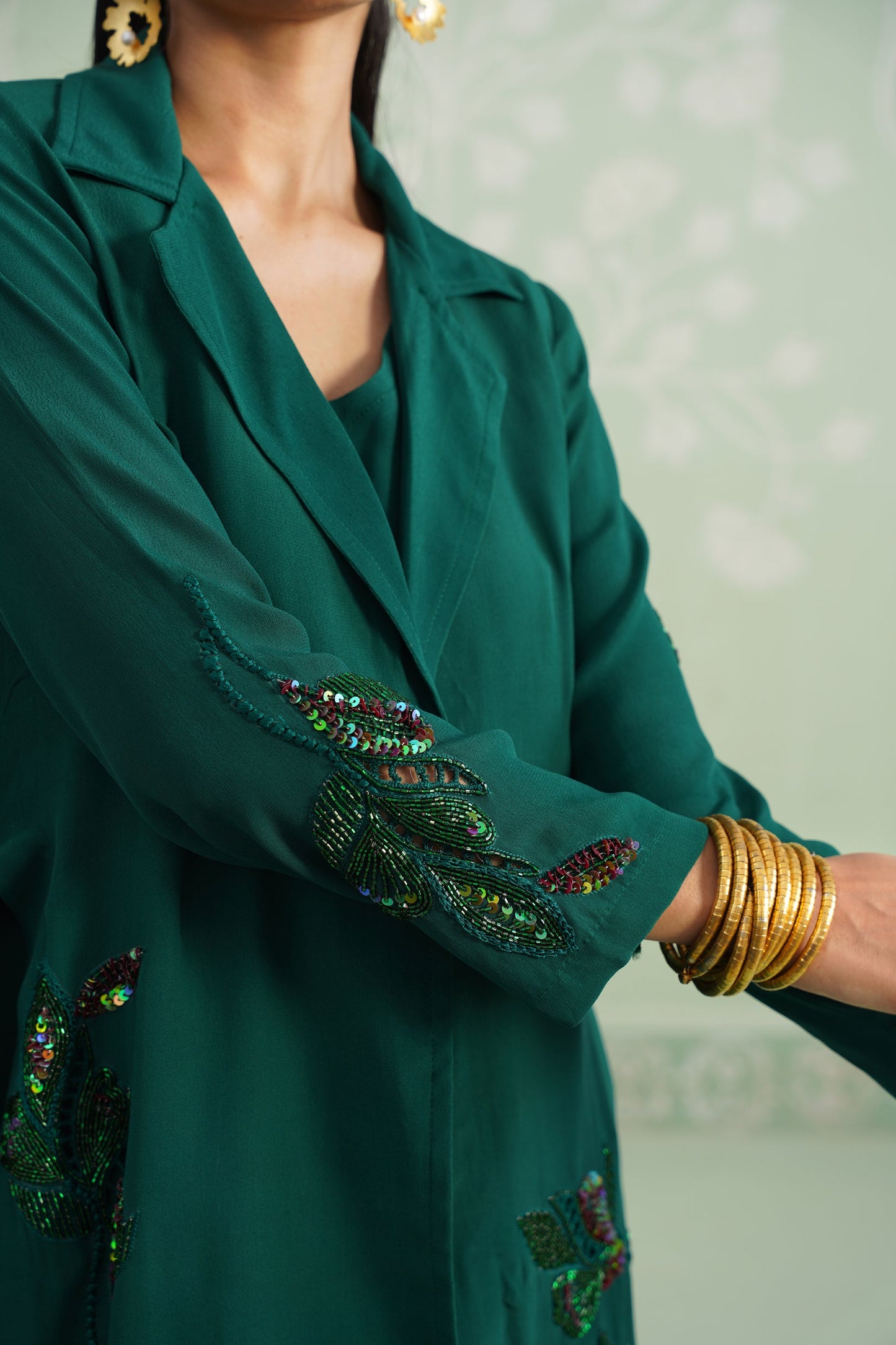 Pine Satin Crepe Embroidered Matching Set - Neetika Chopra