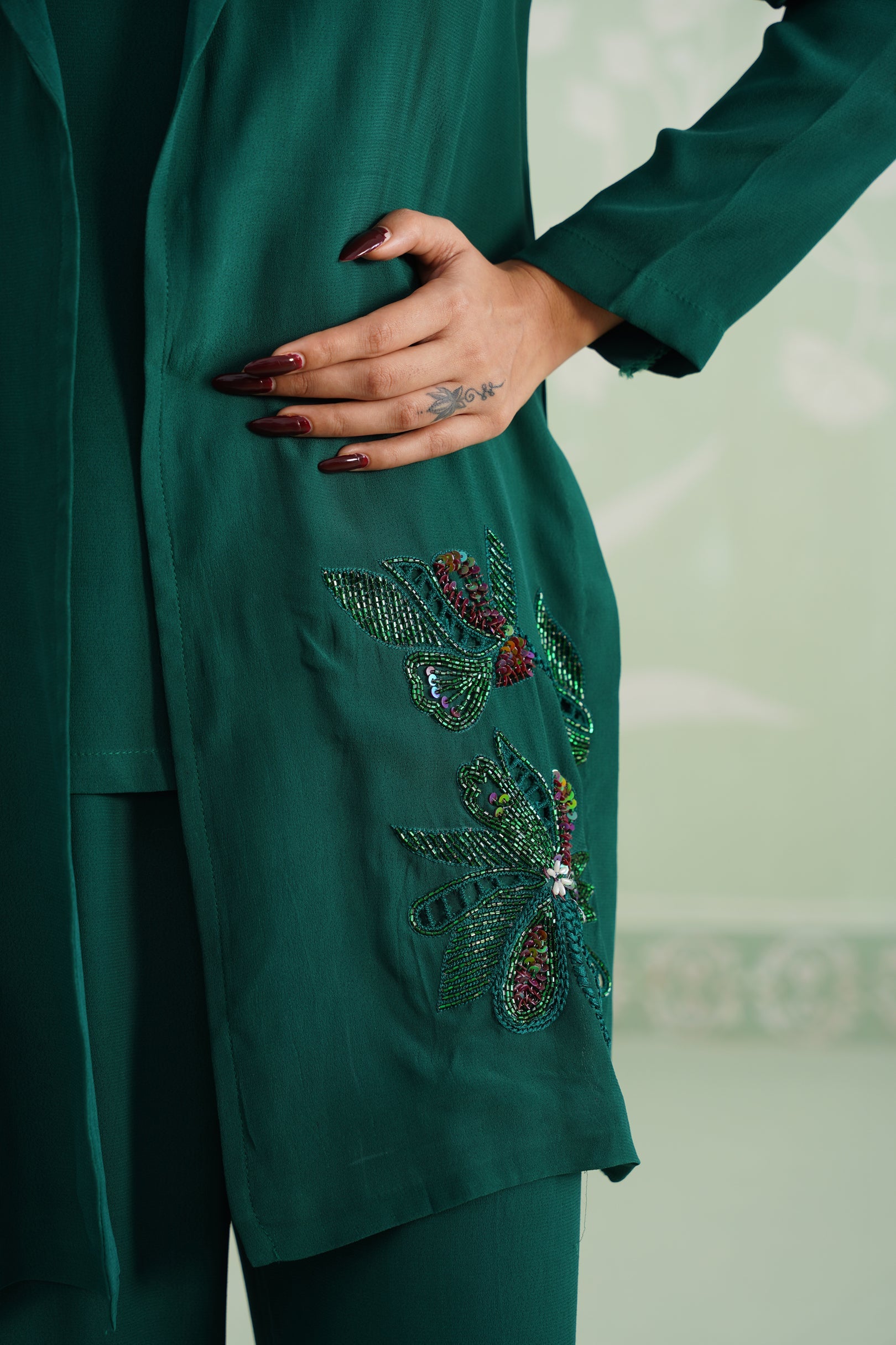 Pine Satin Crepe Embroidered Matching Set - Neetika Chopra