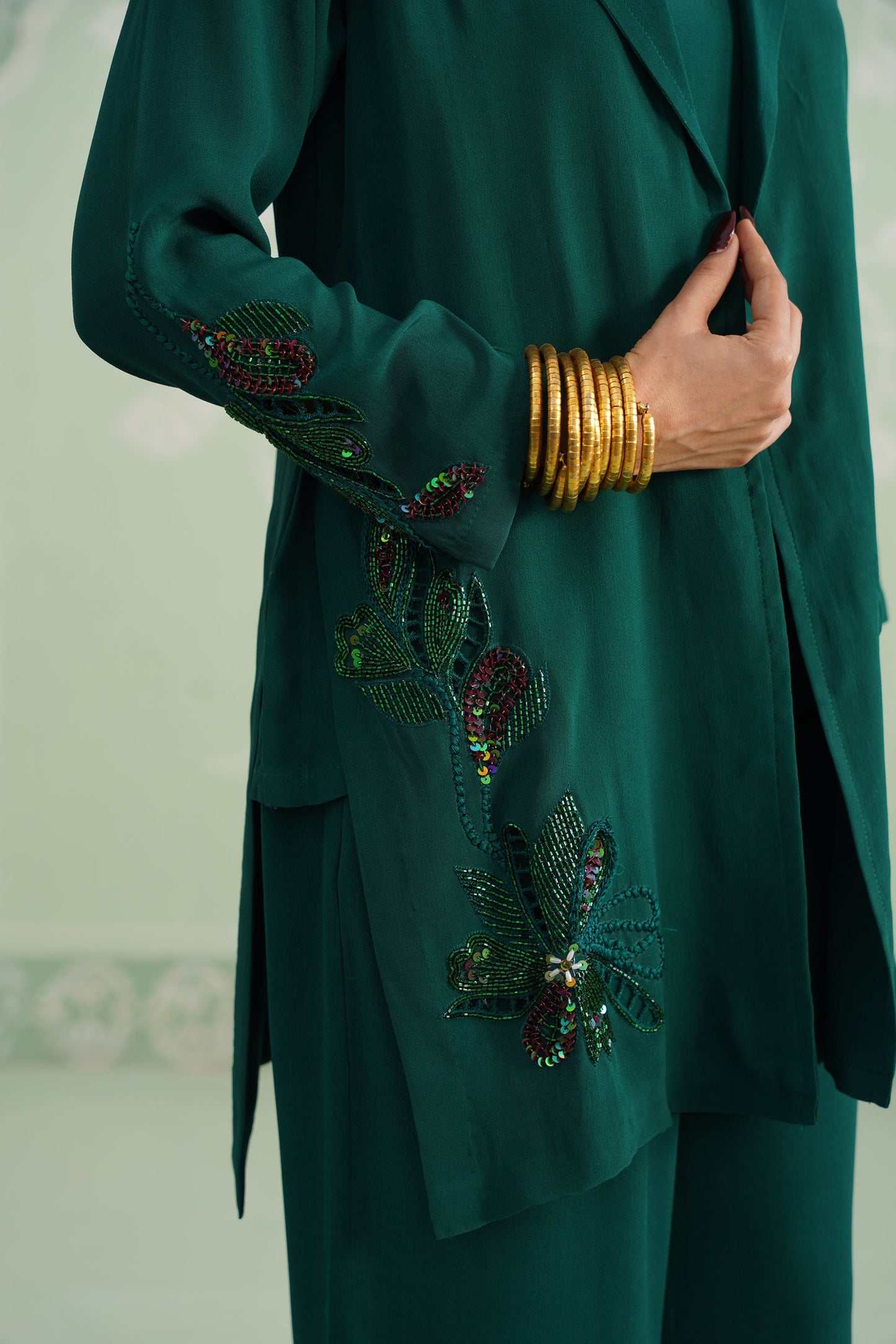 Pine Satin Crepe Embroidered Matching Set - Neetika Chopra