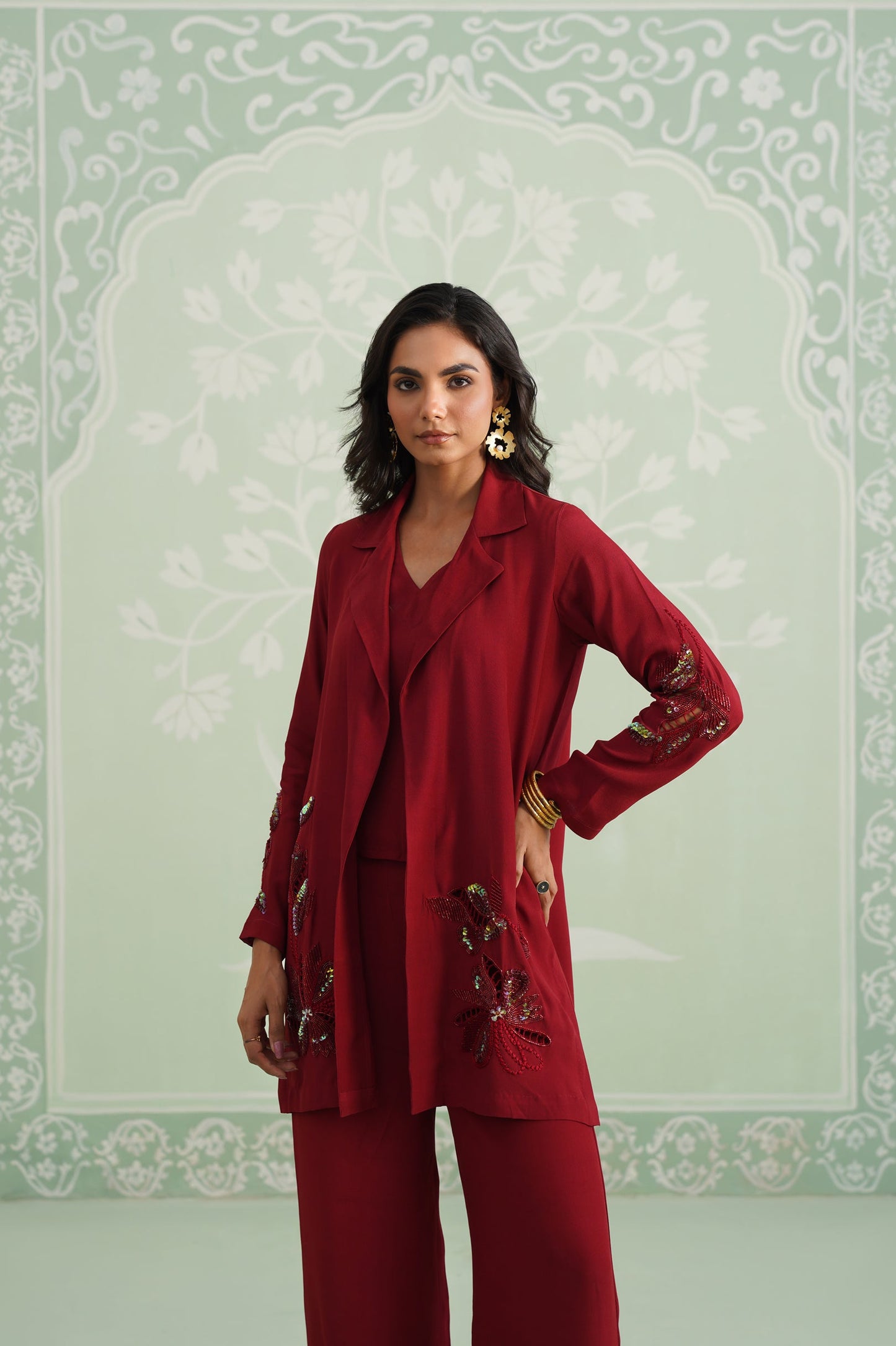 Sangria Satin Crepe Embroidered Matching Set - Neetika Chopra