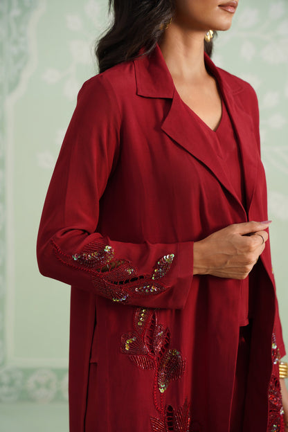 Sangria Satin Crepe Embroidered Matching Set - Neetika Chopra