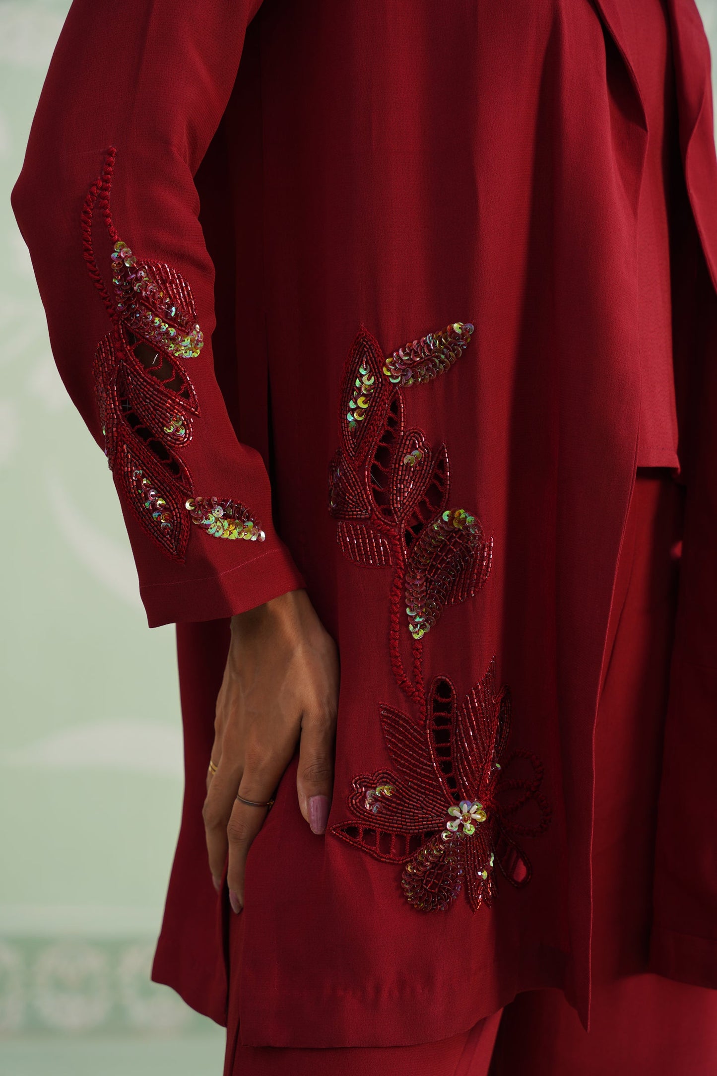 Sangria Satin Crepe Embroidered Matching Set - Neetika Chopra