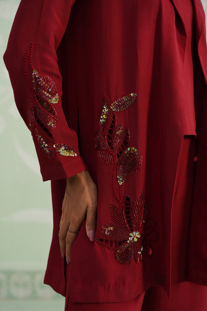 Sangria Satin Crepe Embroidered Matching Set - Neetika Chopra
