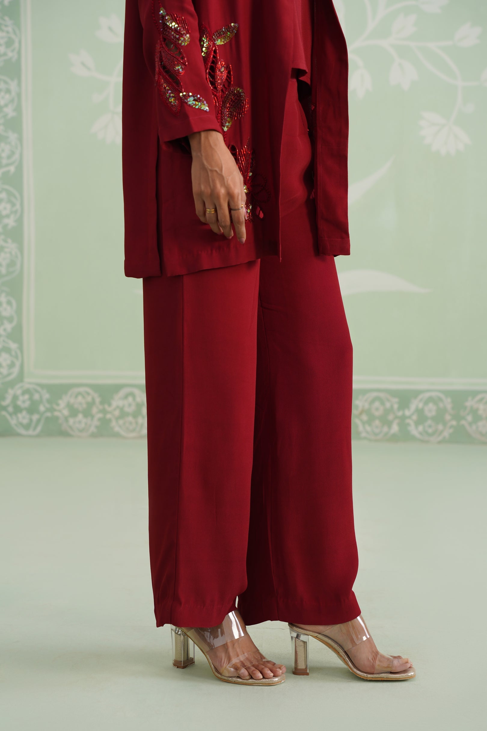 Sangria Satin Crepe Embroidered Matching Set - Neetika Chopra